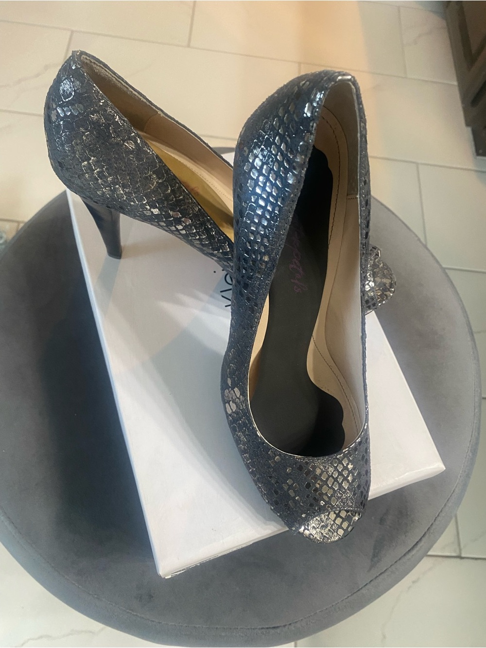 Calvin Klein Metallic Silver Snakeskin Peep-Toe Pumps